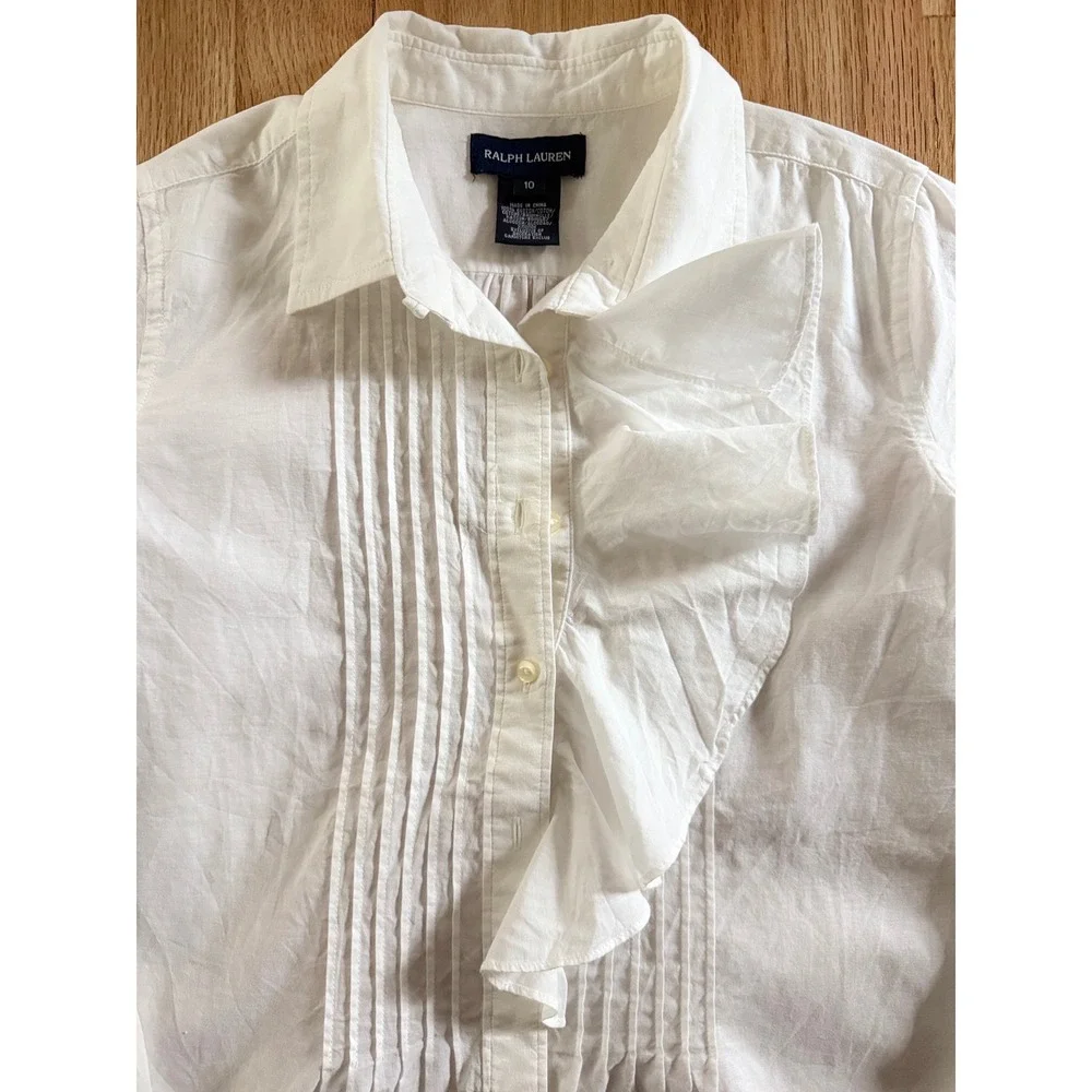 Ralph Lauren White Ruffle Pintuck Cotton Button Down Shirt Regency Youth Sz 10
